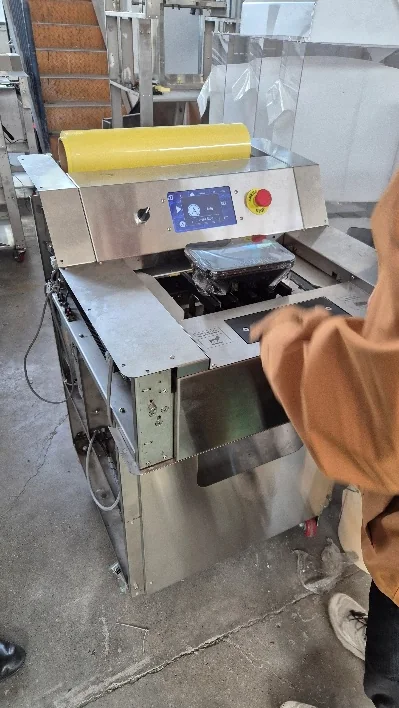 Packaging machine being demonstrated at a supplier factory.